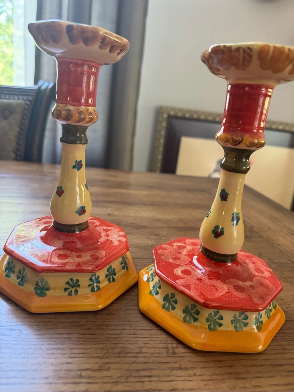 Hand-Painted Ceramic Red & Yellow Candlestick Pair Made in Italy | Southwestern